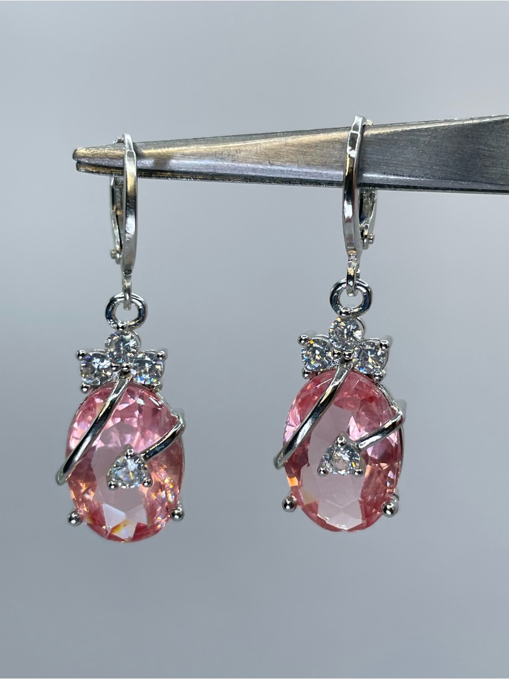 Pink Crystal Glass White Rhinestone Silver Tone Dangle Earrings Bridal Glam